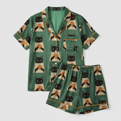 Morning Mug Cats Women's Pajama Set - flat lay