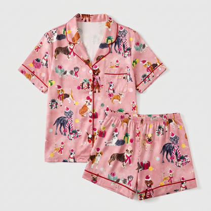 Pink Pup Parade Women's Pajama Set - flat lay