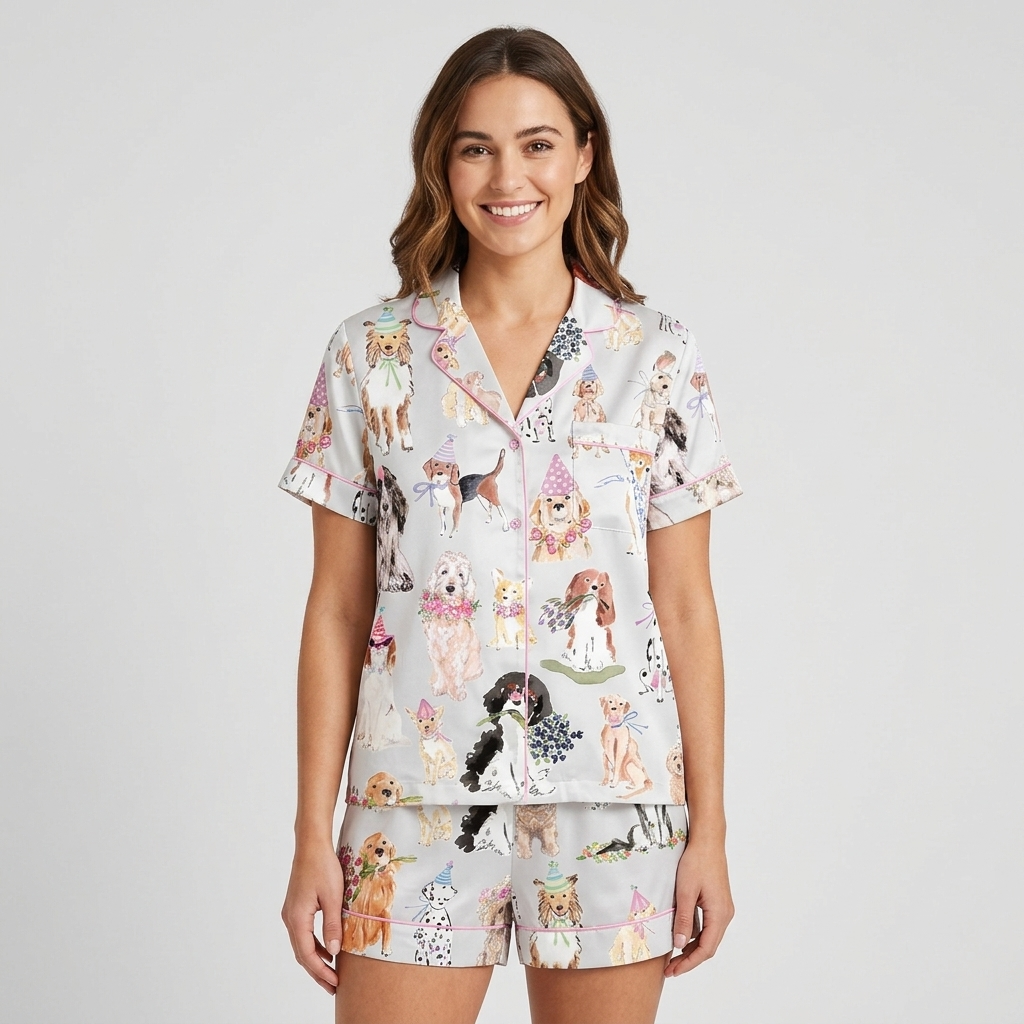 Women's satin pajama set with dogs in pastel party hats and flower crowns on soft gray - short sleeve and shorts