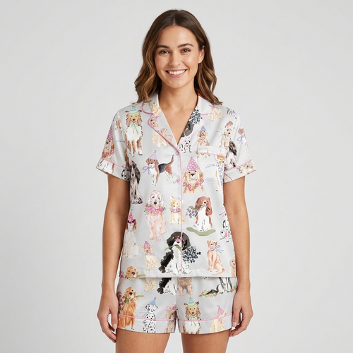Women's satin pajama set with dogs in pastel party hats and flower crowns on soft gray - short sleeve and shorts