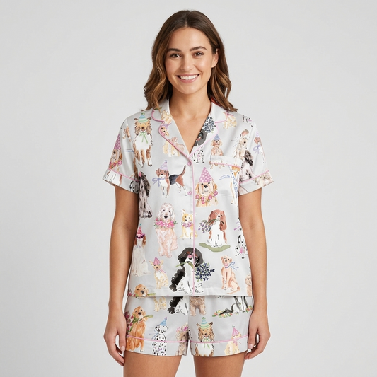 Women's satin pajama set with dogs in pastel party hats and flower crowns on soft gray - short sleeve and shorts