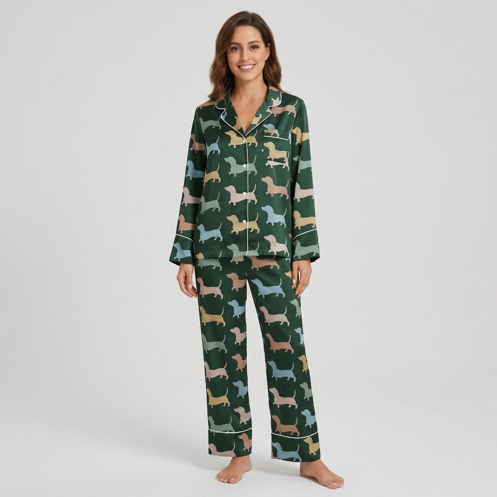 Women's satin pajama set with tan, sky blue and blush dachshunds on deep forest green with white piping - long sleeve and pants