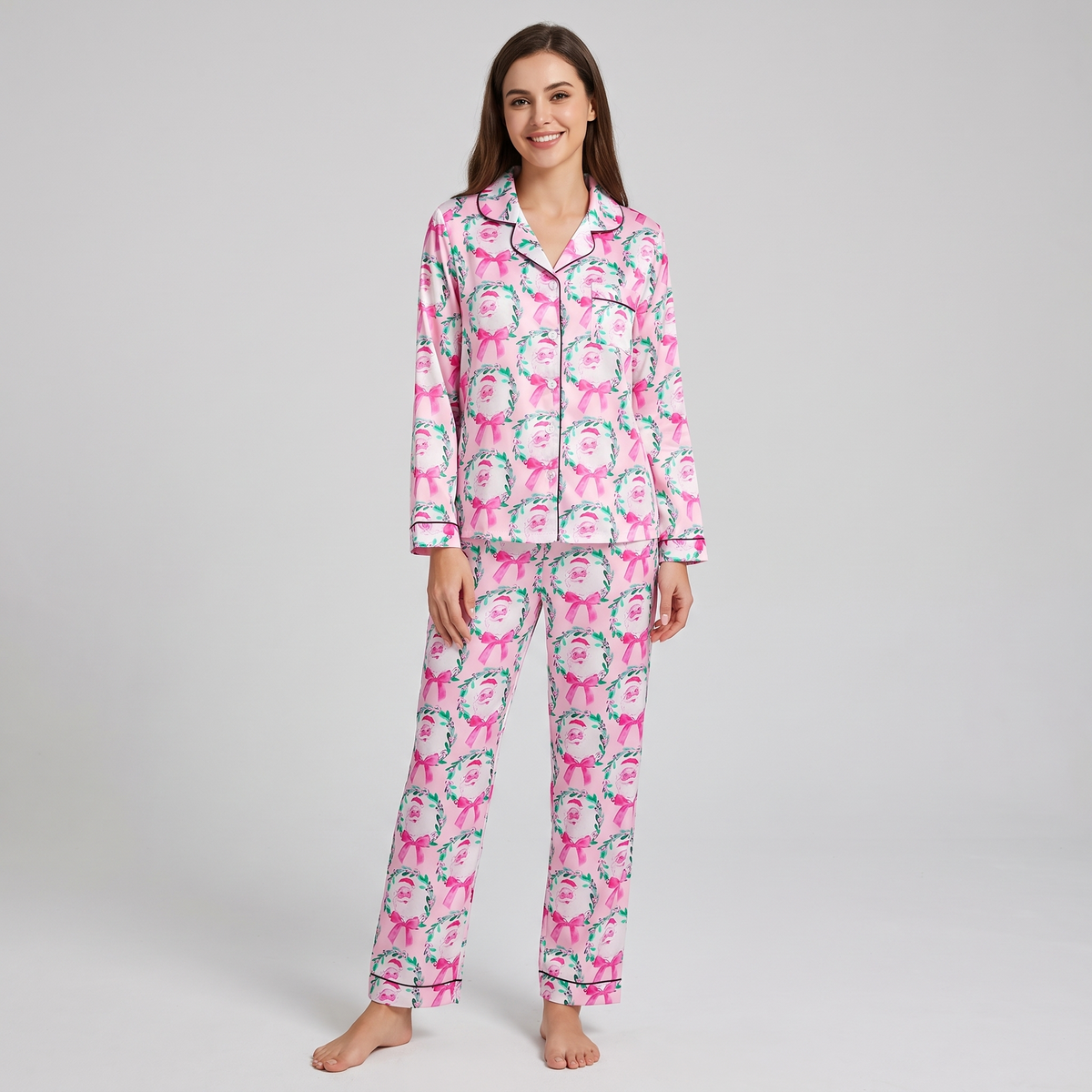 Pink Bow Santa Wreaths Women's Pajama Set - long sleeve and pants