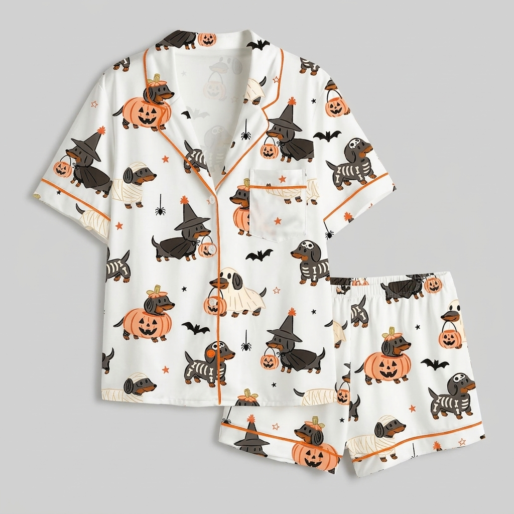 Women's satin pajama set with dachshunds in pumpkins and skeleton, mummy and witch costumes with bats on white - flat lay