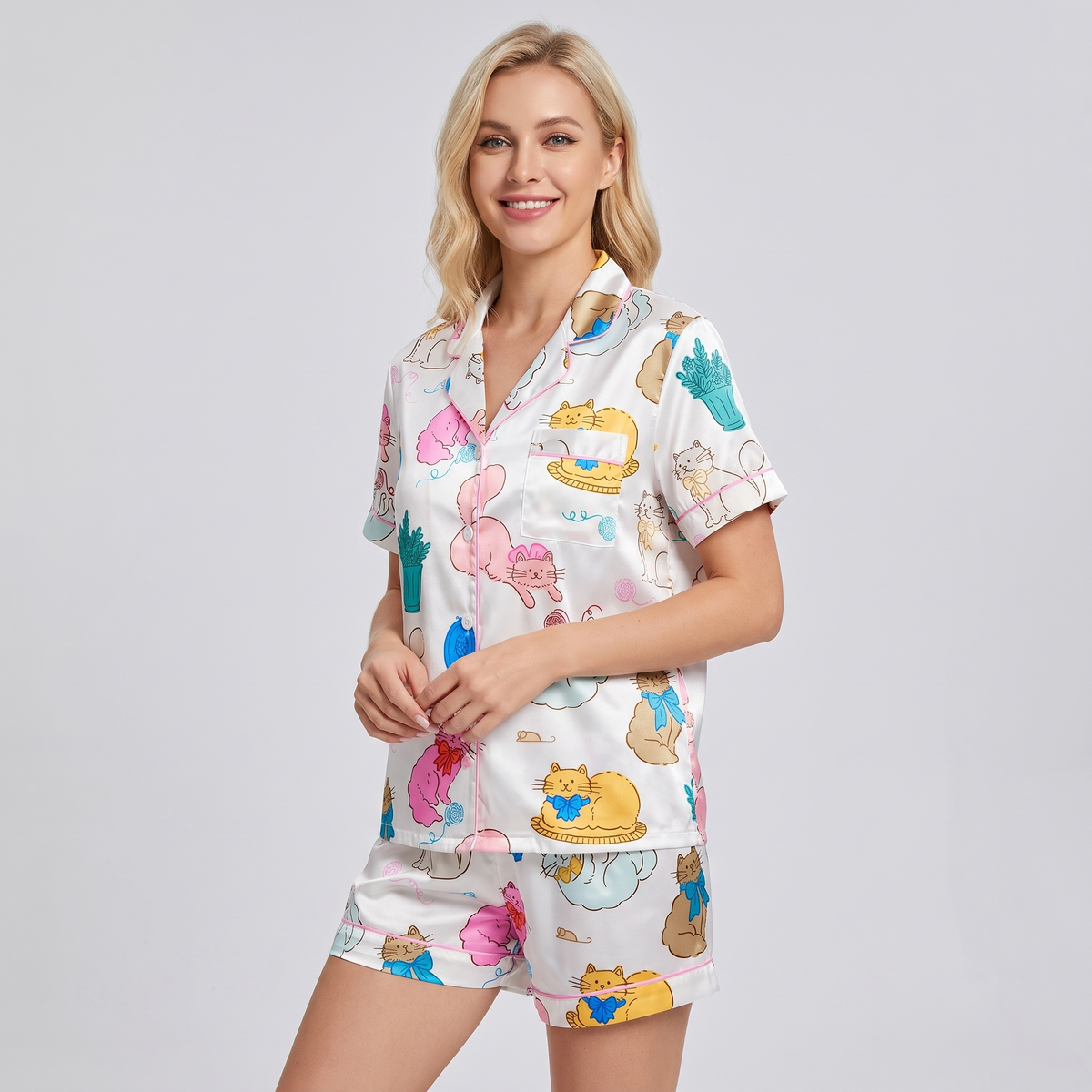Pastel Plant Kitties Women's Pajama Set - short sleeve and shorts