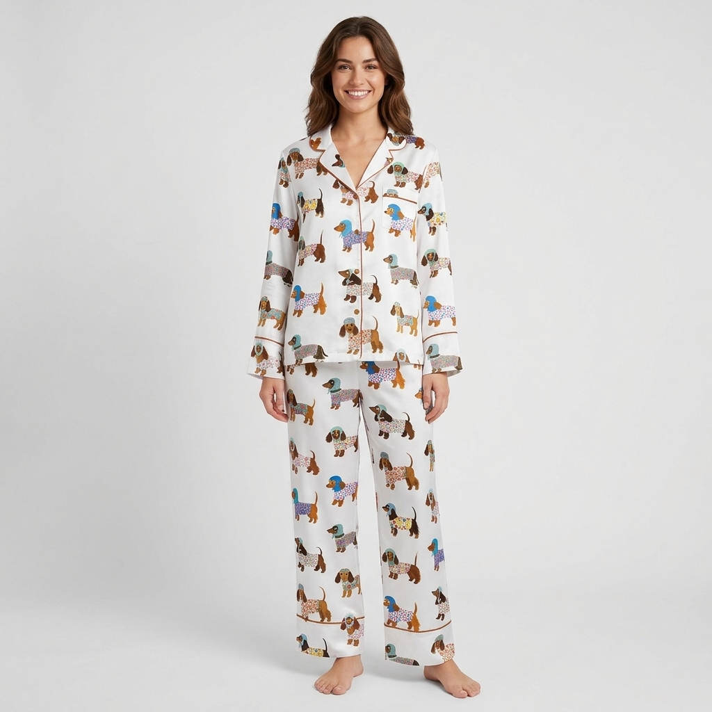 Women's long-sleeve satin pajama set with dachshund pups in flowered knits and blue bonnets on white - long sleeve and pants