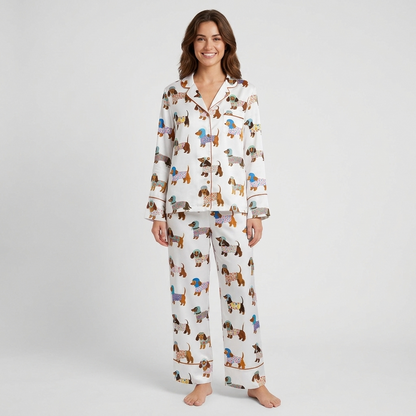 Women's long-sleeve satin pajama set with dachshund pups in flowered knits and blue bonnets on white - long sleeve and pants