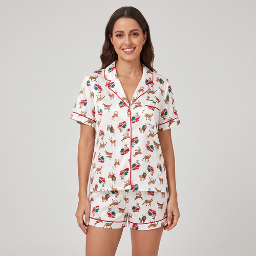 Christmas Elk Women's Pajama Set - short sleeve and shorts