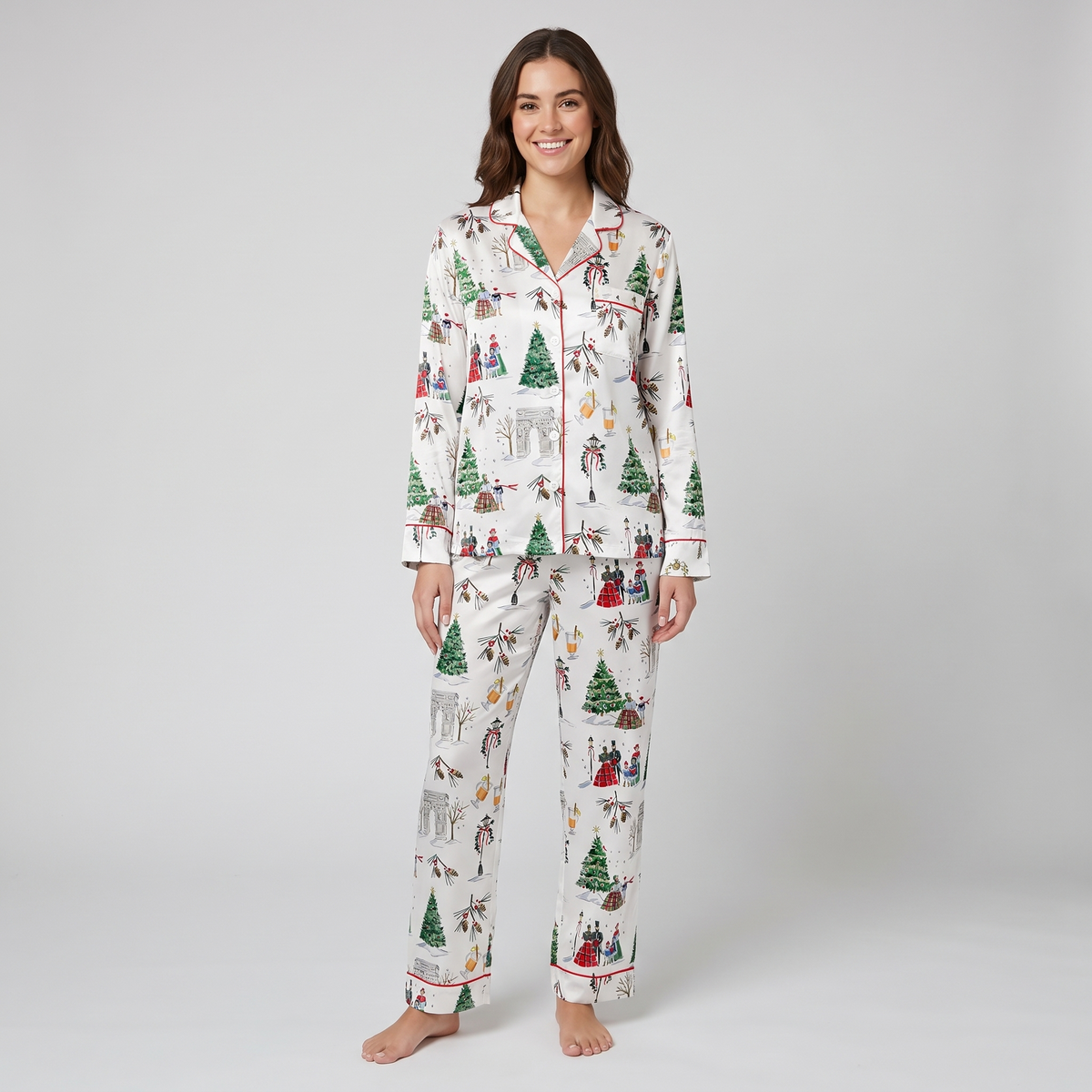 Watercolor Christmas Streets Women's Pajama Set - long sleeve and pants