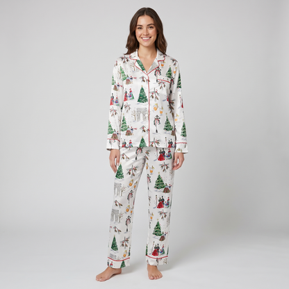 Watercolor Christmas Streets Women's Pajama Set - long sleeve and pants