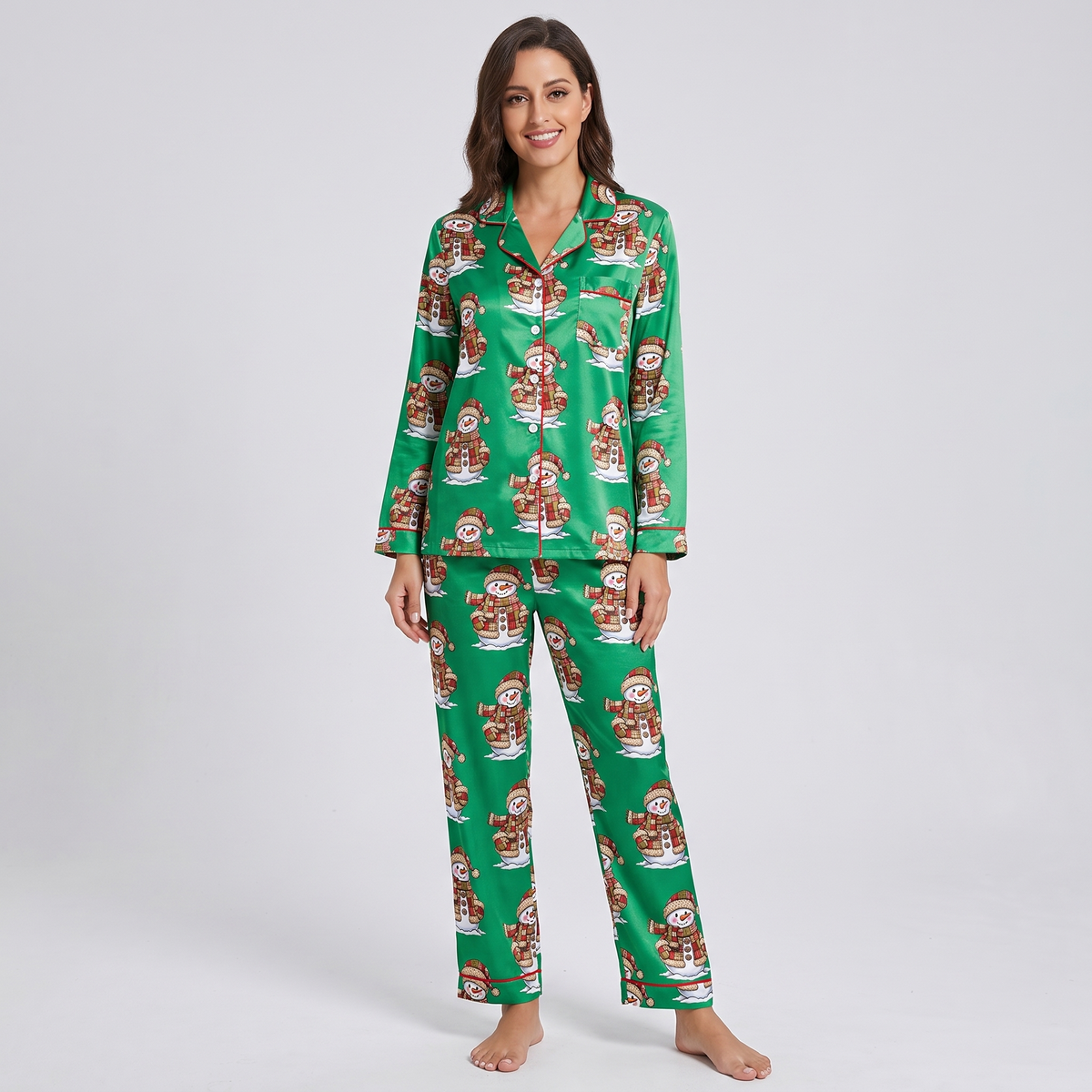 Patchwork Snowmen Women's Pajama Set - long sleeve and pants