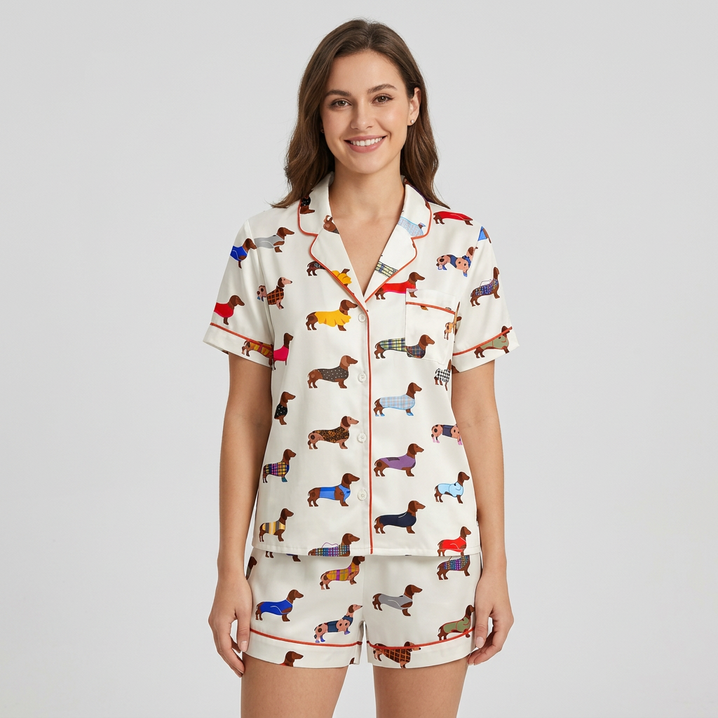 Women's satin pajama set with dachshunds in plaid, check and tartan coats on white with red piping - short sleeve and shorts