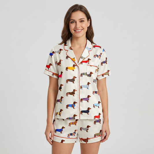 Women's satin pajama set with dachshunds in plaid, check and tartan coats on white with red piping - short sleeve and shorts
