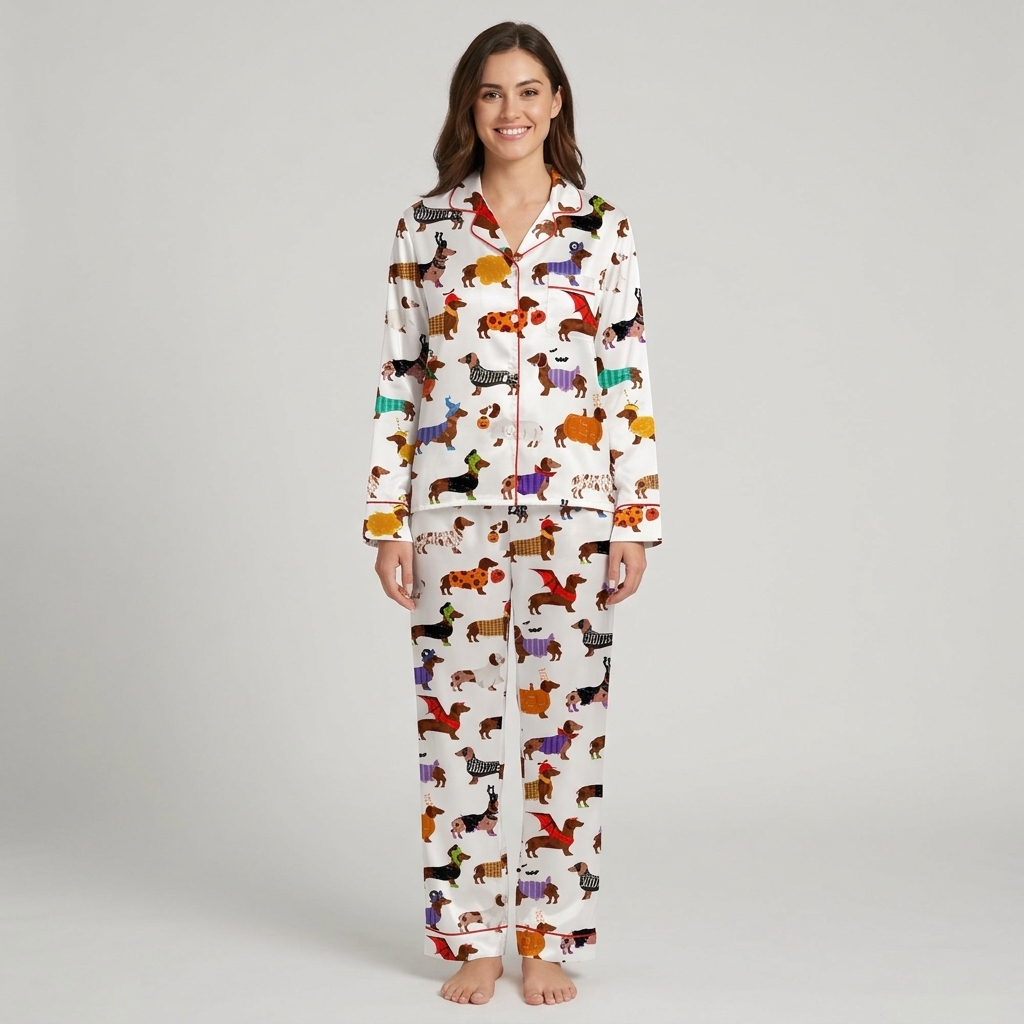 Women's satin pajama set with dachshunds in pumpkin suits and witch hats with candy and bats on white - long sleeve and pants