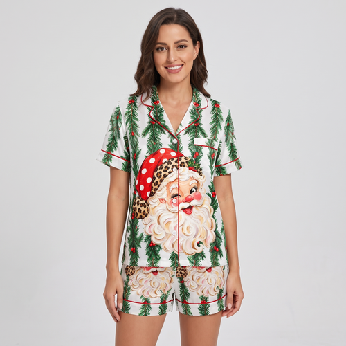 Leopard Hat Santa Wreath Women's Pajama Set - short sleeve and shorts
