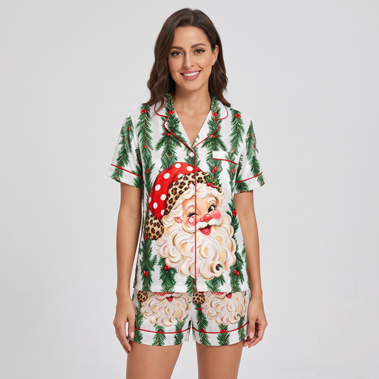 Leopard Hat Santa Wreath Women's Pajama Set - short sleeve and shorts