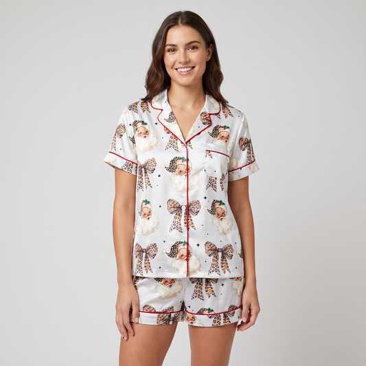 Leopard Bow Santa Women's Pajama Set - short sleeve and shorts