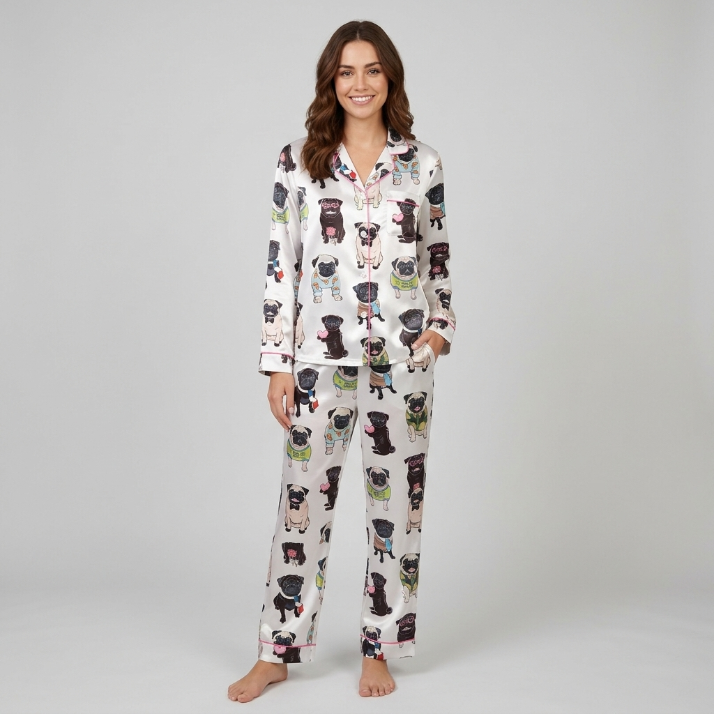 Women's satin pajama set with fawn and black pugs in sweaters, sunglasses and ties on white with pink piping - long sleeve and pants