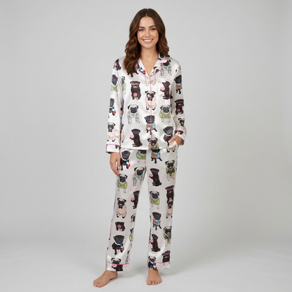 Women's satin pajama set with fawn and black pugs in sweaters, sunglasses and ties on white with pink piping - long sleeve and pants