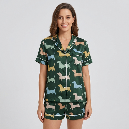 Women's satin pajama set with tan, sky blue and blush dachshunds on deep forest green with white piping - short sleeve and shorts