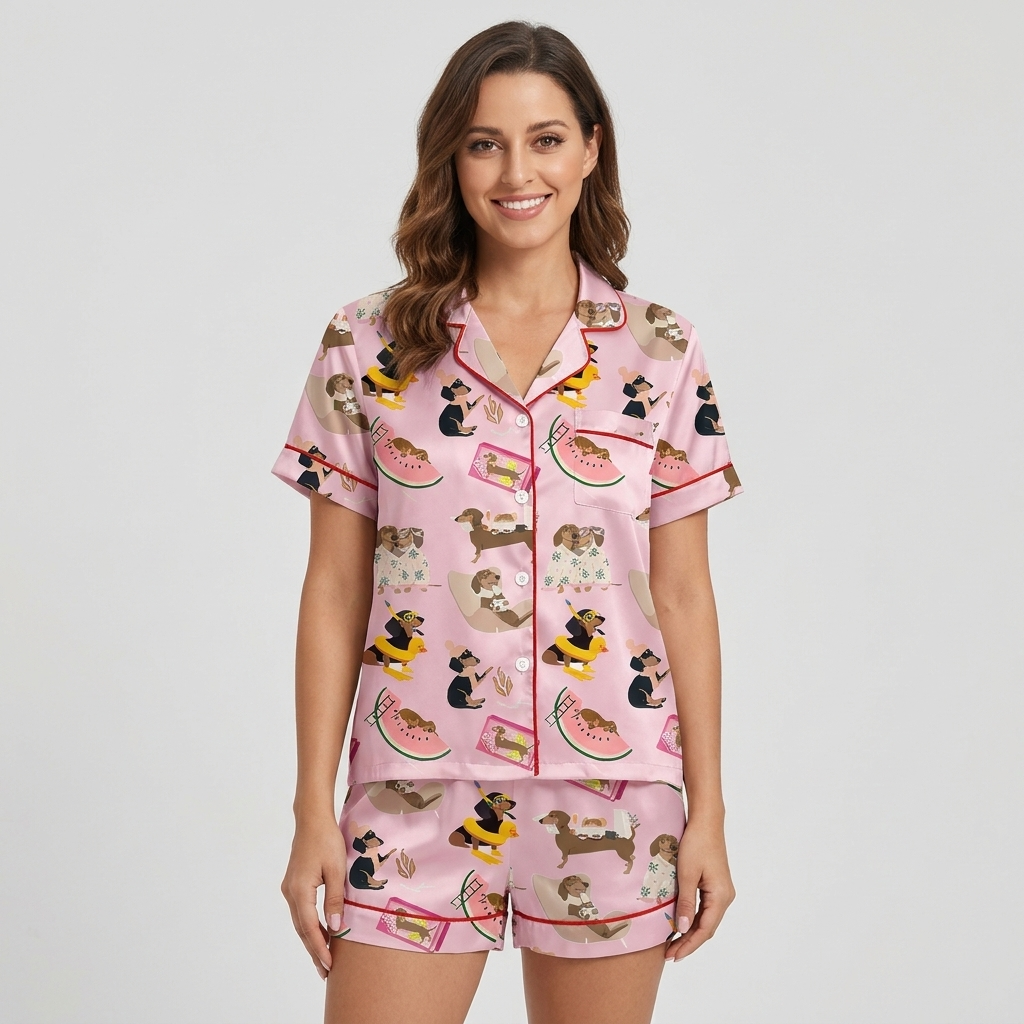 Dachshund Summer Day Women's Pajama Set - Pink short sleeve and shorts