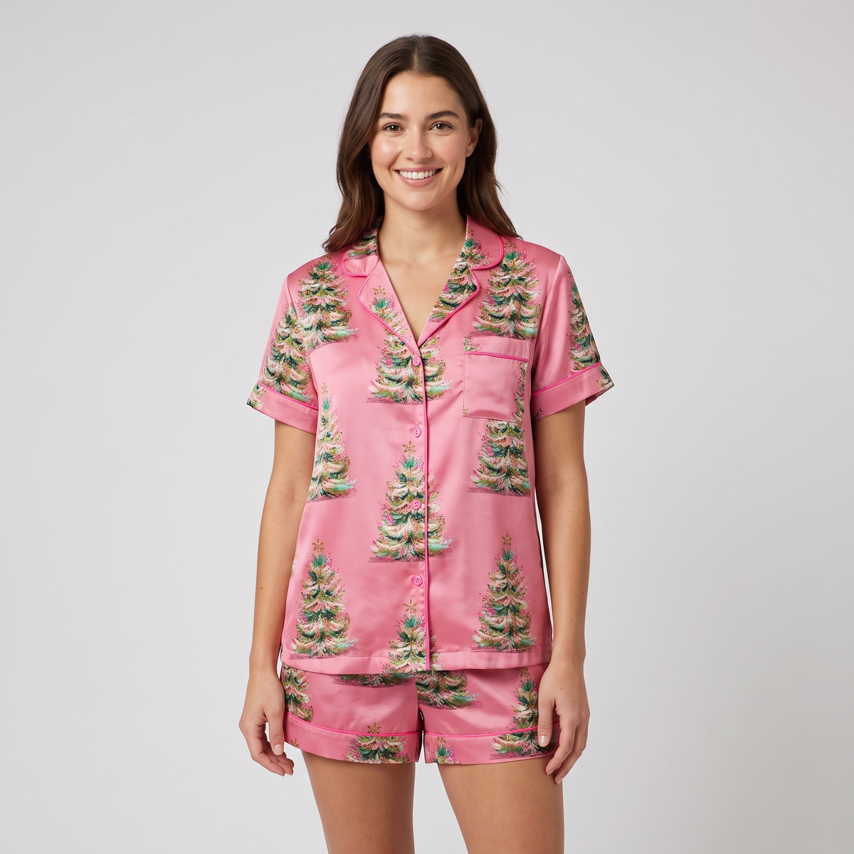 Flocked Trees On Pink Women's Pajama Set - short sleeve and shorts
