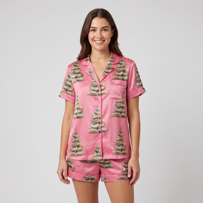 Flocked Trees On Pink Women's Pajama Set - short sleeve and shorts