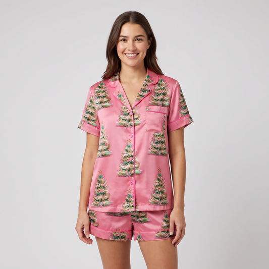 Flocked Trees On Pink Women's Pajama Set - short sleeve and shorts