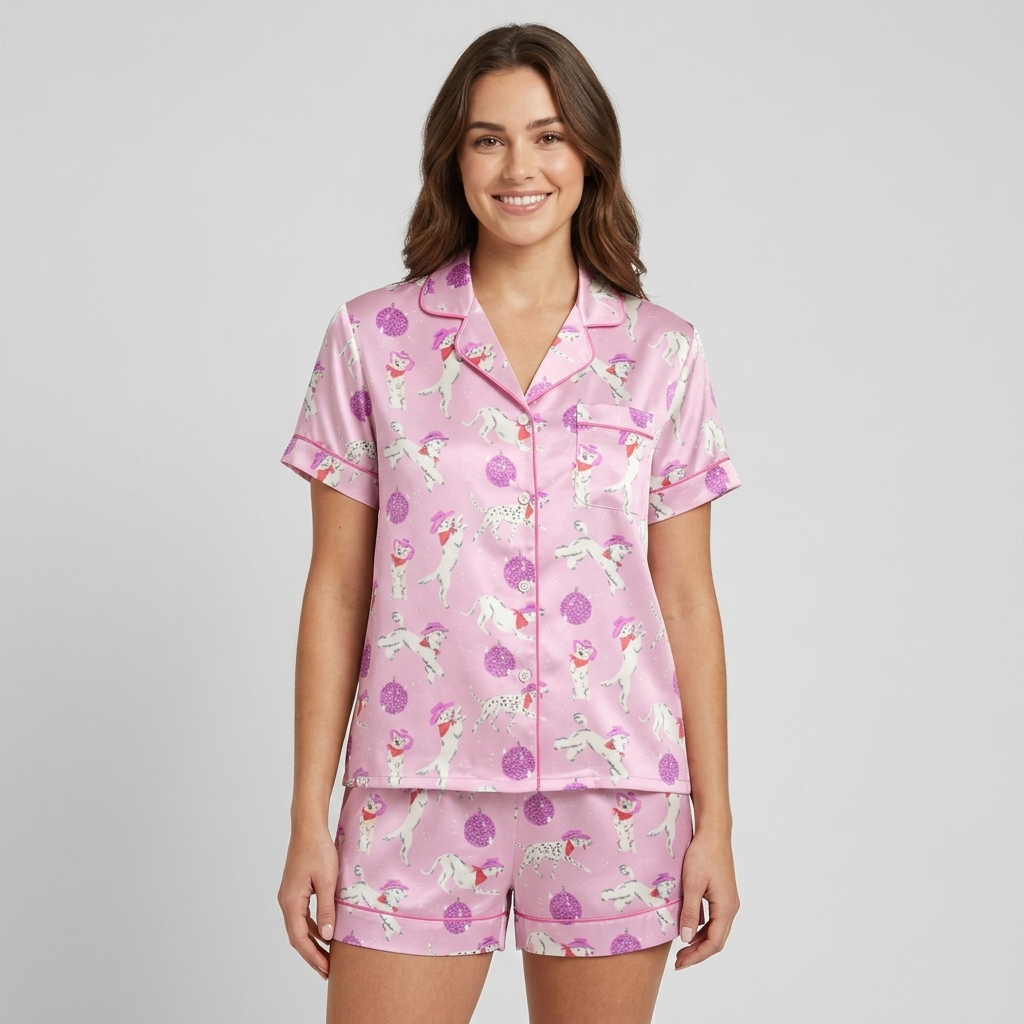 Women's satin pajama set with white pups in pink cowboy hats among purple disco balls on pink - short sleeve and shorts