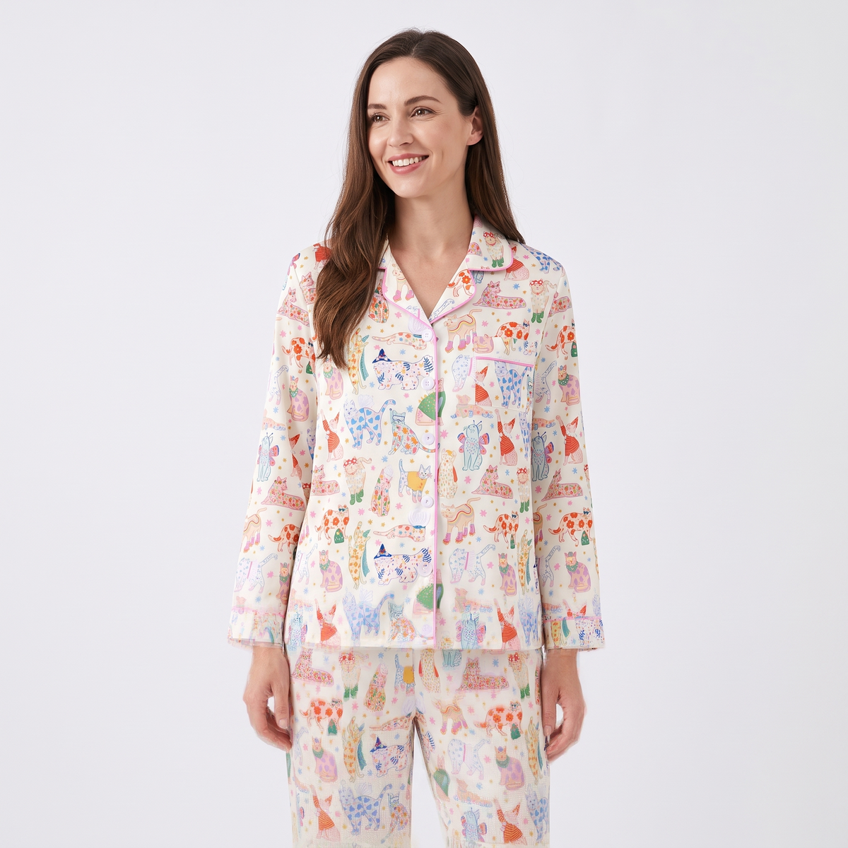 Fancy Cats Women's Pajama Set - Cream - long sleeve and pants