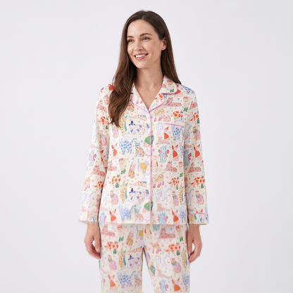 Fancy Cats Women's Pajama Set - Cream - long sleeve and pants