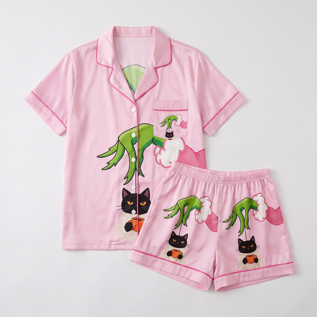 Mean One Black Cat Inspired Women's Pajama Set - flat lay
