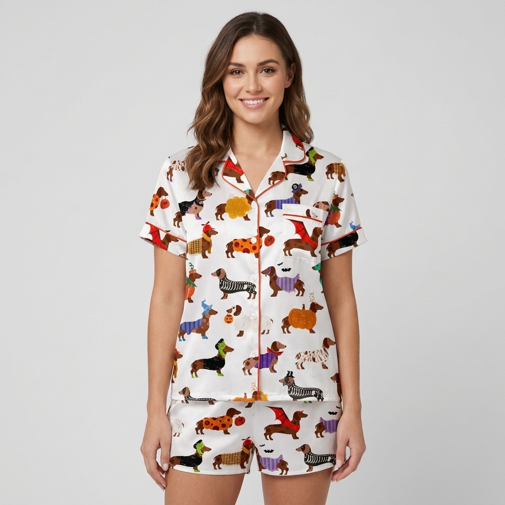 Women's satin pajama set with dachshunds in pumpkin suits and witch hats with candy and bats on white - short sleeve and shorts