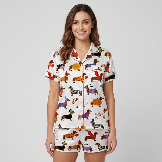 Women's satin pajama set with dachshunds in pumpkin suits and witch hats with candy and bats on white - short sleeve and shorts