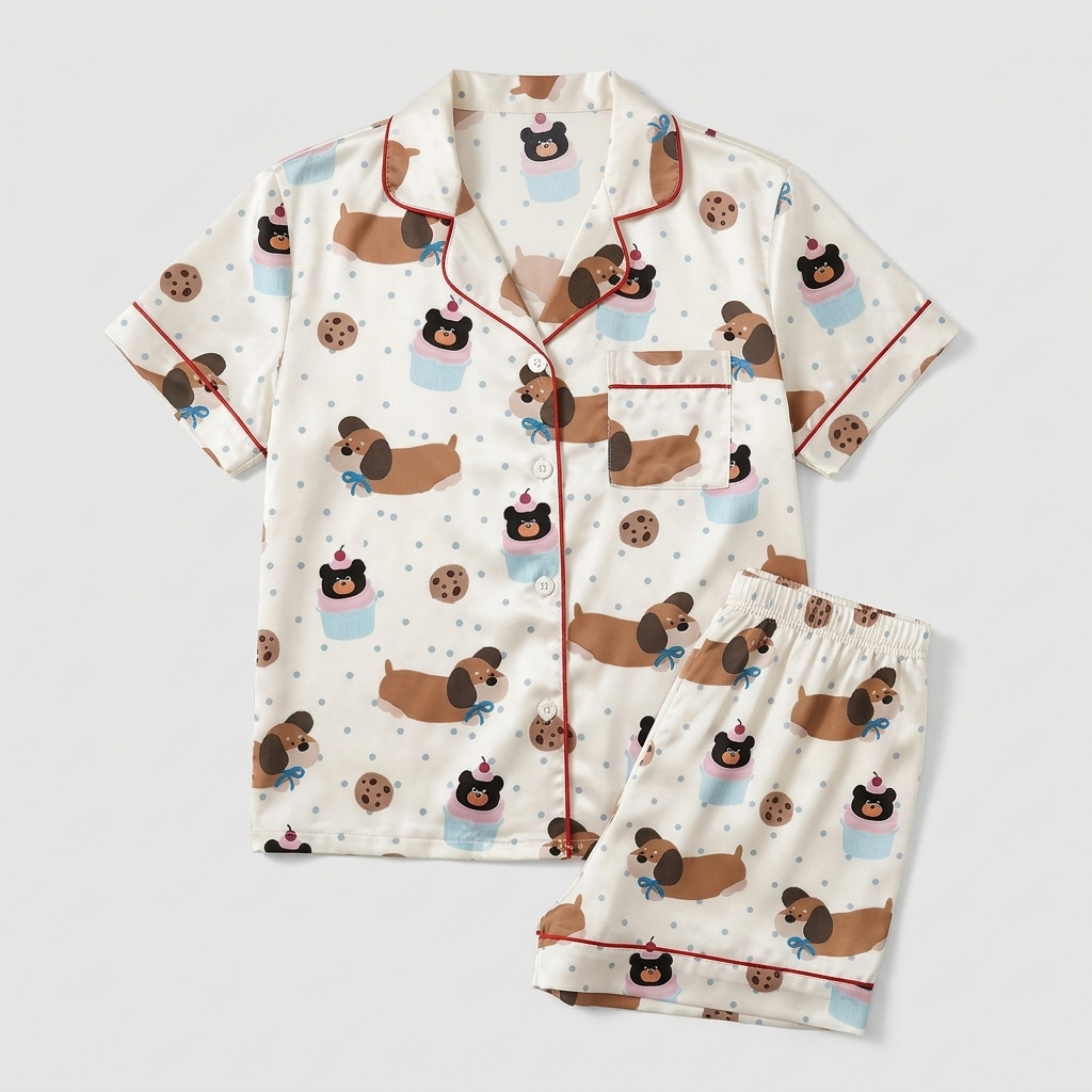Women's satin pajama set with dachshunds in bow ties with cookies and cupcakes on white - flat lay