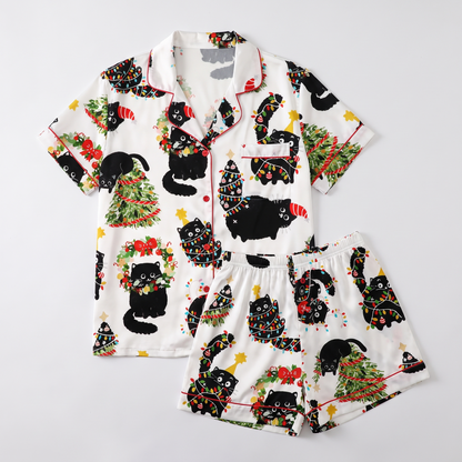 Black Cats & Wreaths Women's Pajama Set - flat lay