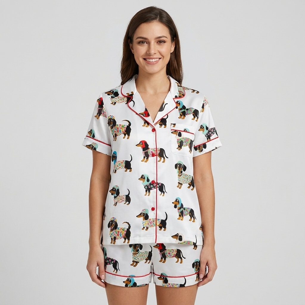 Women's satin pajama set with black-and-tan dachshunds in patterned sweaters and knit hats on white with red piping - short sleeve and shorts