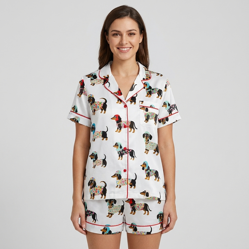 Women's satin pajama set with black-and-tan dachshunds in patterned sweaters and knit hats on white with red piping - short sleeve and shorts