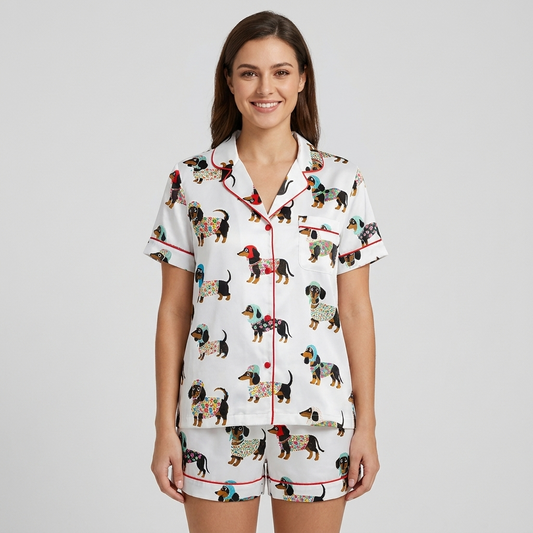 Women's satin pajama set with black-and-tan dachshunds in patterned sweaters and knit hats on white with red piping - short sleeve and shorts