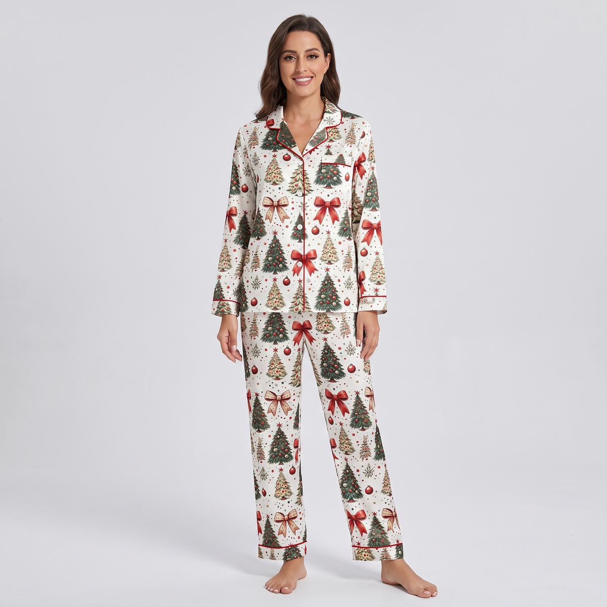 Trees & Red Bows Women's Pajama Set - long sleeve and pants