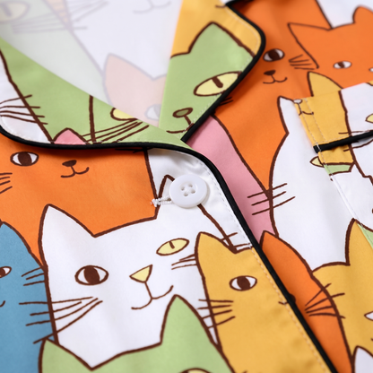 Colorful Cat Stack Women's Pajama Set - Multicolor - print close-up