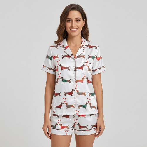 Women's satin pajama set with dachshunds in red, green and teal sweaters among tiny hearts on white - short sleeve and shorts