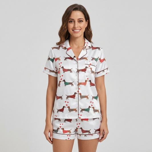 Women's satin pajama set with dachshunds in red, green and teal sweaters among tiny hearts on white - short sleeve and shorts