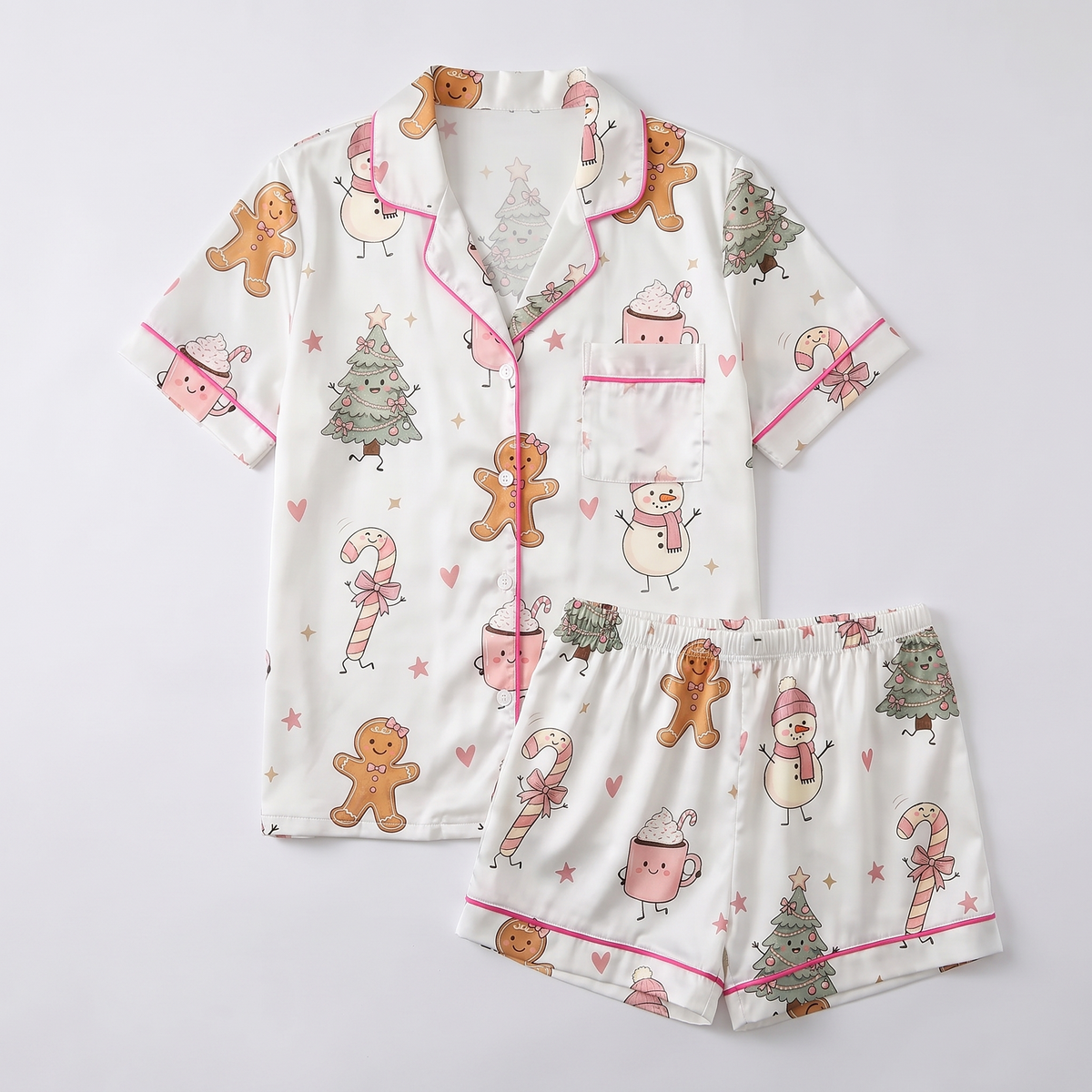 Pink Hot Cocoa Doodles Women's Pajama Set - flat lay