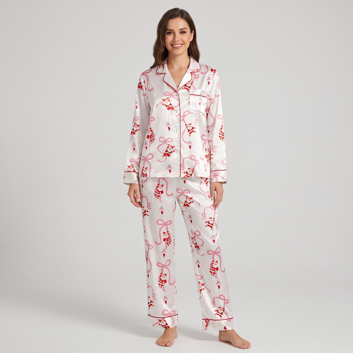 Santa & Pink Ribbons Women's Pajama Set - long sleeve and pants