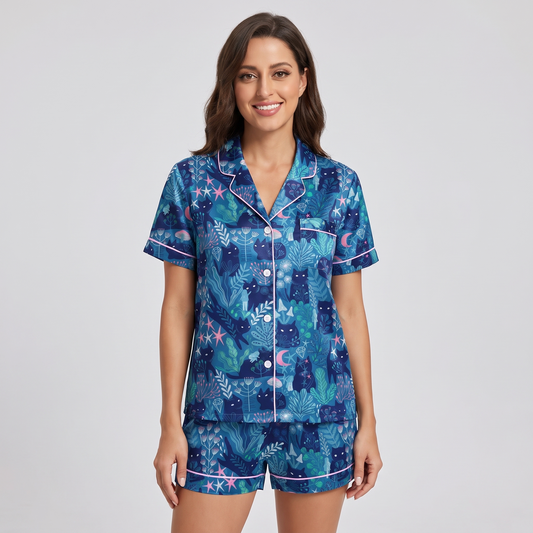 Midnight Garden Cats Women's Pajama Set - short sleeve and shorts