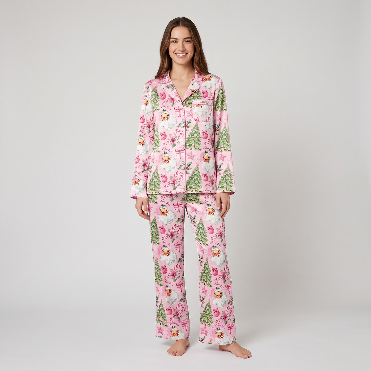 Pink Santas & Trees Women's Pajama Set - long sleeve and pants
