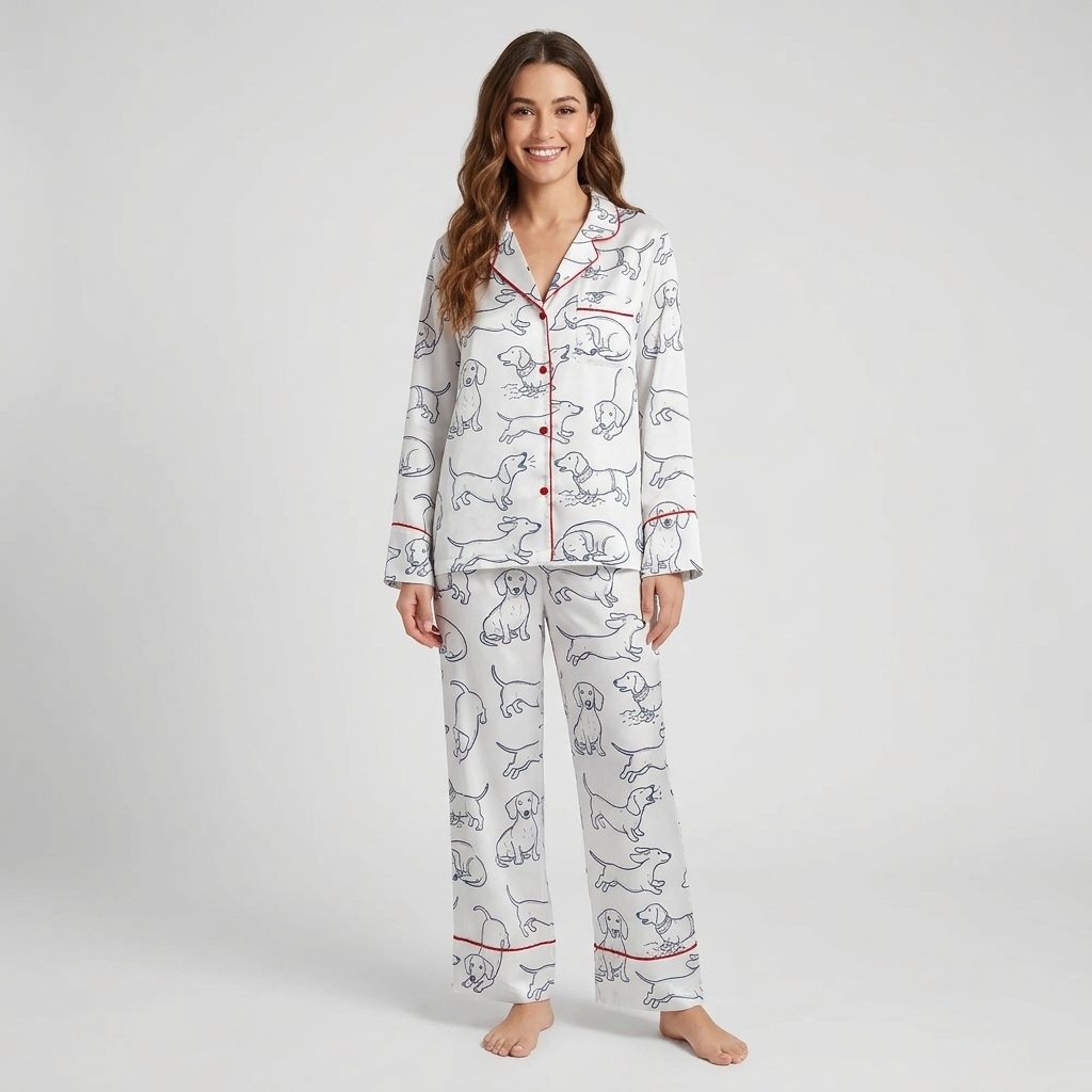 Women's satin pajama set with navy line-drawn dachshunds with red script on white - long sleeve and pants