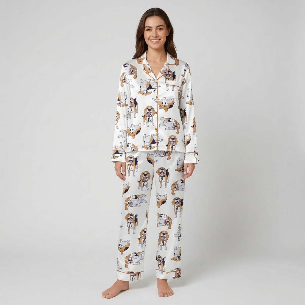 Women's satin pajama set with tricolor beagles in black ribbon collars rolling over on white with copper piping - long sleeve and pants