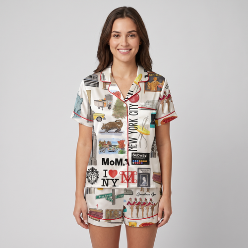 NYC Collage Christmas Women's Pajama Set - short sleeve and shorts